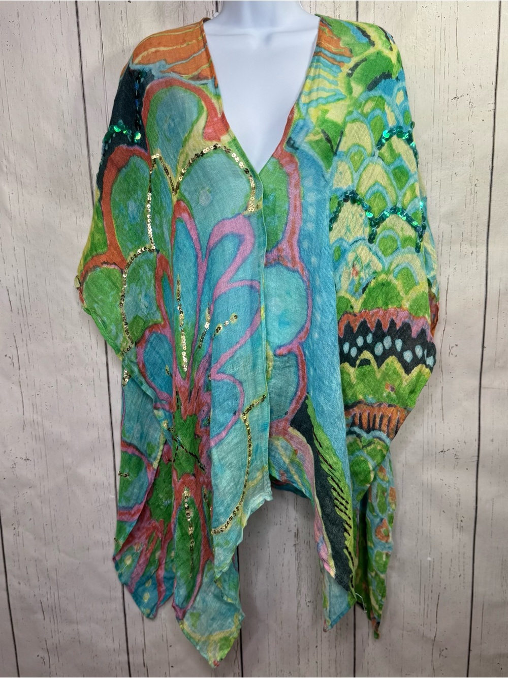 Chicos Multicolor Linen Sequin Embellished Kimono Cover Up Boho Art To Wear - Picture 1 of 9
